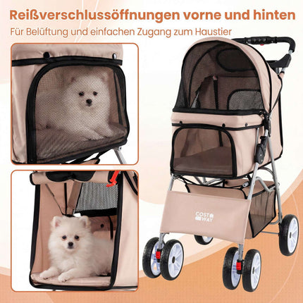 Foldable Pet Stroller with Mesh, All-Terrain Wheels, Beige
