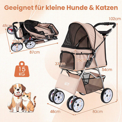 Foldable Pet Stroller with Mesh, All-Terrain Wheels, Beige