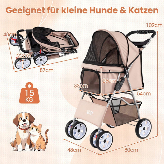 Foldable Pet Stroller with Mesh, All-Terrain Wheels, Beige