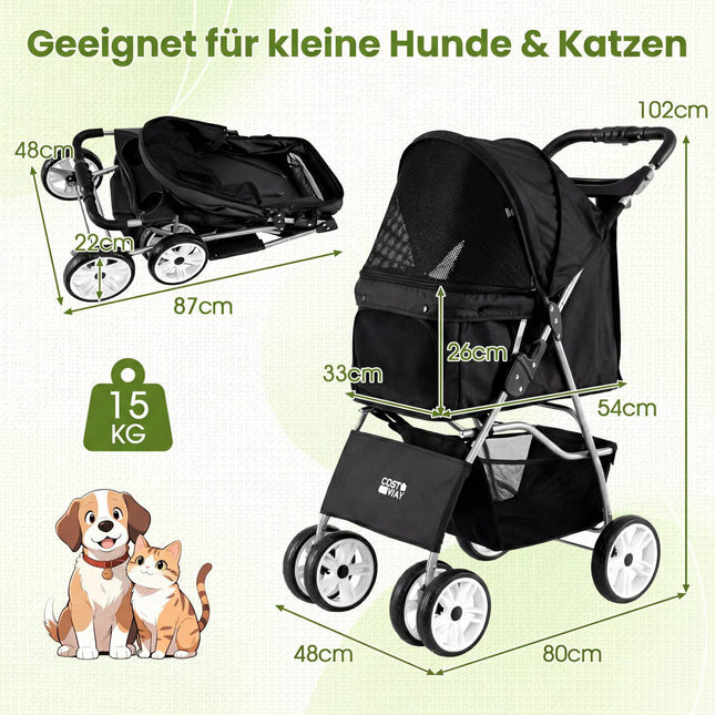 Foldable Pet Stroller with Mesh, All-Terrain Wheels, Black