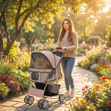 Foldable Pet Stroller with Reflective Strips, Coffee, 10kg Limit