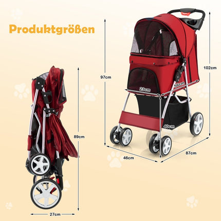 Foldable Pet Stroller with Storage, Mesh Windows, Red