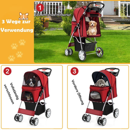 Foldable Pet Stroller with Storage, Mesh Windows, Red