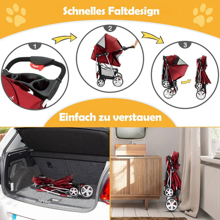 Foldable Pet Stroller with Storage, Mesh Windows, Red