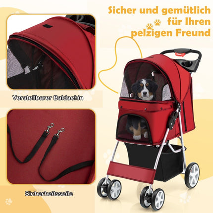 Foldable Pet Stroller with Storage, Mesh Windows, Red