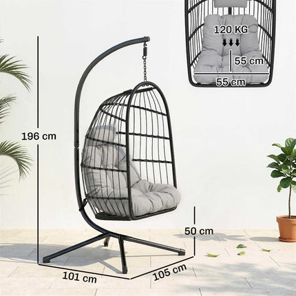 Foldable Polyrattan Hanging Chair with Stand and Cushions