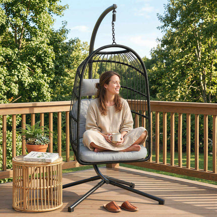 Foldable Polyrattan Hanging Chair with Stand and Cushions