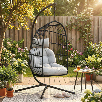 Foldable Polyrattan Hanging Chair with Stand and Cushions