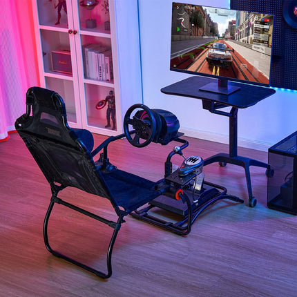 Foldable Racing Wheel Stand with Seat, Carbon Steel Frame, Adjustable Pedals