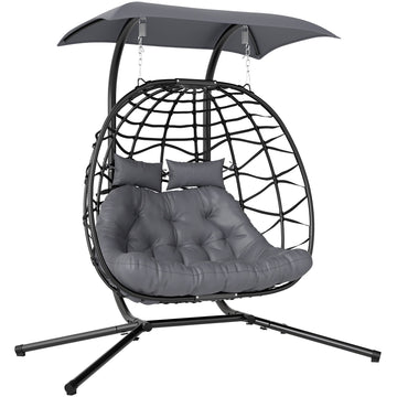 Foldable Rattan Hanging Chair with Canopy, Dark Grey, 260kg Capacity