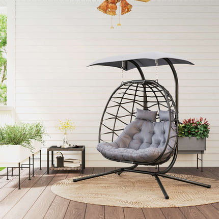 Foldable Rattan Hanging Chair with Canopy, Dark Grey, 260kg Capacity