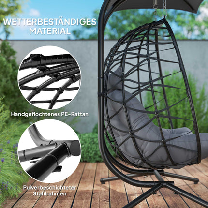 Foldable Rattan Hanging Chair with Canopy, Dark Grey, 260kg Capacity
