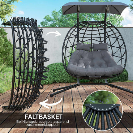 Foldable Rattan Hanging Chair with Canopy, Dark Grey, 260kg Capacity