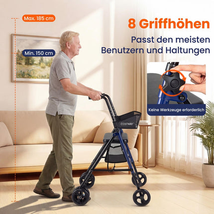 Foldable Rollator with Seat, Adjustable Height, Blue