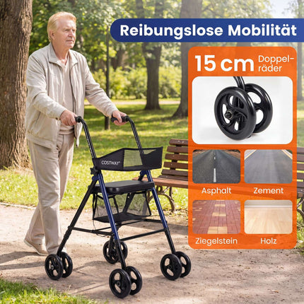 Foldable Rollator with Seat, Adjustable Height, Blue
