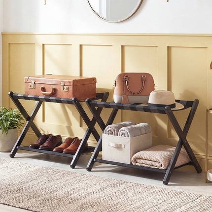 Foldable Rubberwood Luggage Rack, Black, 2 Shelves