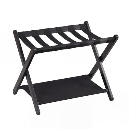 Foldable Rubberwood Luggage Rack, Black, 2 Shelves