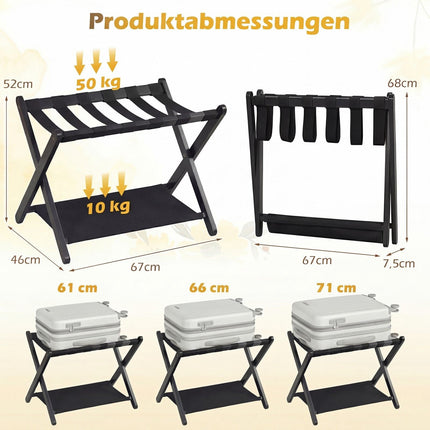 Foldable Rubberwood Luggage Rack, Black, 2 Shelves
