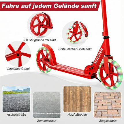 Foldable Scooter with LED Wheels, Adjustable Height, Red