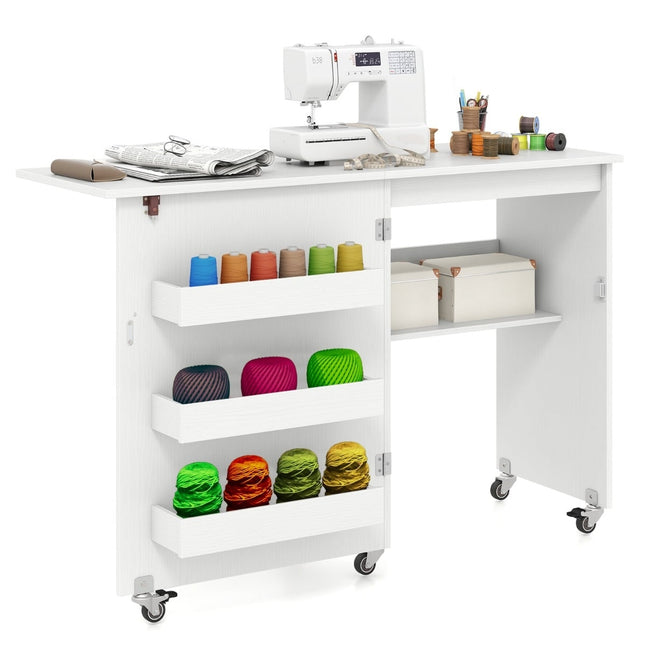 Foldable Sewing Table with Storage, 3 Hidden Compartments