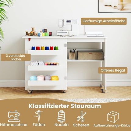 Foldable Sewing Table with Storage, 3 Hidden Compartments