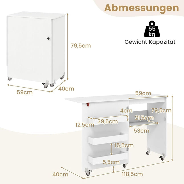 Foldable Sewing Table with Storage, 3 Hidden Compartments