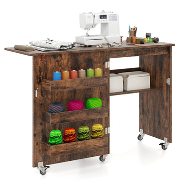 Foldable Sewing Table with Storage, Lockable Wheels, Brown