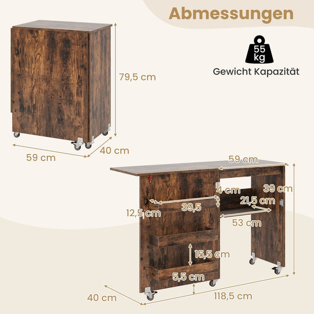 Foldable Sewing Table with Storage, Lockable Wheels, Brown