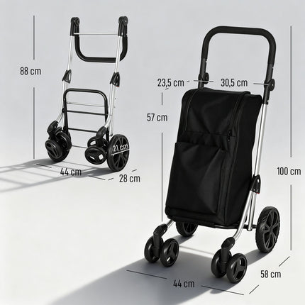 Foldable Shopping Trolley, 46L Bag with Cooler, Black