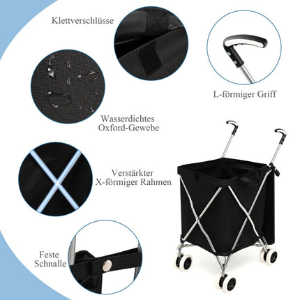Foldable Shopping Trolley with Wheels, 90L Capacity, Black