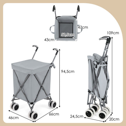 Foldable Shopping Trolley with Wheels Capacity 90L/55kg Handcart with Removable Oxford Bag Gray
