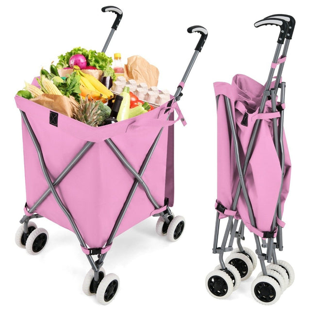 Foldable Shopping Trolley with Wheels Capacity 90L/55kg Handcart with Removable Oxford Bag Pink