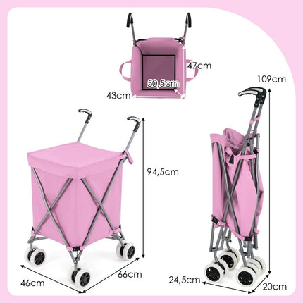 Foldable Shopping Trolley with Wheels Capacity 90L/55kg Handcart with Removable Oxford Bag Pink