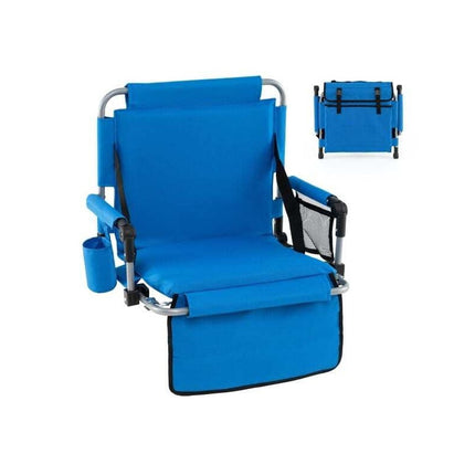 Foldable Stadium Seat with Padded Backrest and Armrests, Blue, Hooks