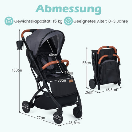 Foldable Stroller with Rain Cover, Adjustable Recline & Footrest, Grey
