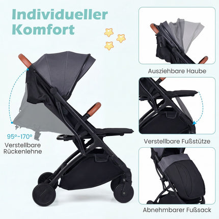 Foldable Stroller with Rain Cover, Adjustable Recline & Footrest, Grey
