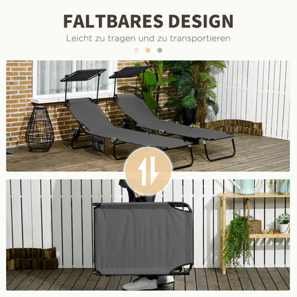 Foldable Sun Lounger Set with Canopy, 5-Position Backrest