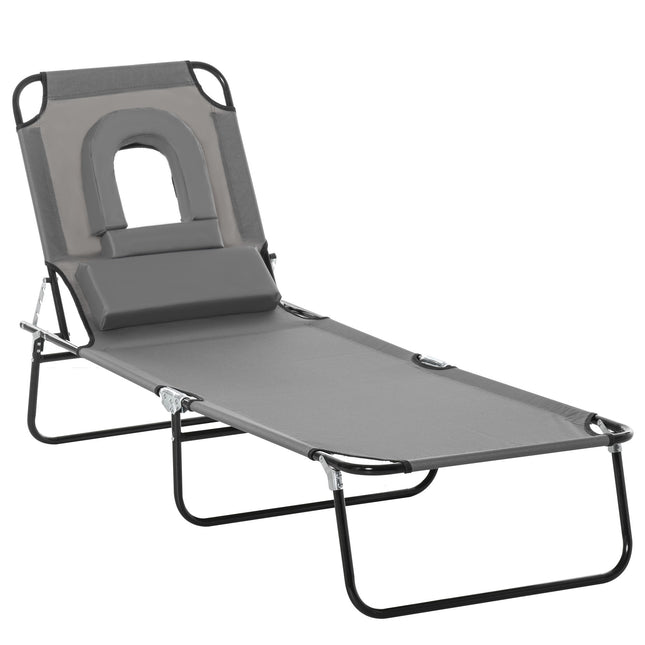 Foldable Sun Lounger with Face Hole, Dark Grey, Steel Frame