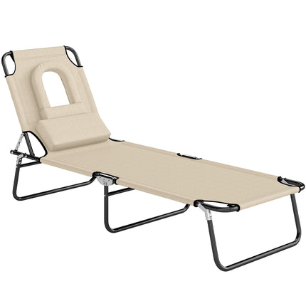 Foldable Sun Lounger with Face Hole, Steel Frame, Beige