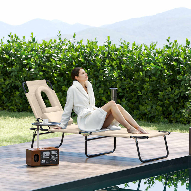 Foldable Sun Lounger with Face Hole, Steel Frame, Beige