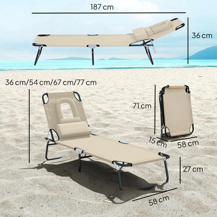 Foldable Sun Lounger with Face Hole, Steel Frame, Beige