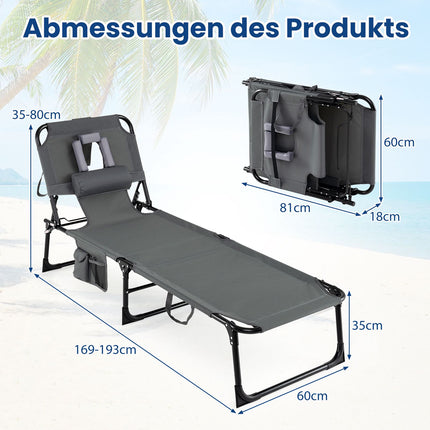 Foldable Sun Lounger with Head & Arm Holes, Adjustable Backrest, Grey