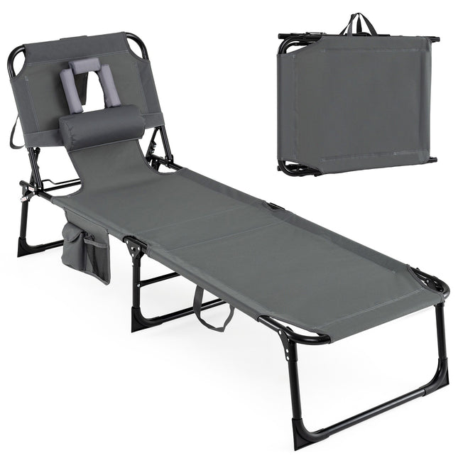 Foldable Sun Lounger with Head & Arm Holes, Adjustable Backrest, Grey