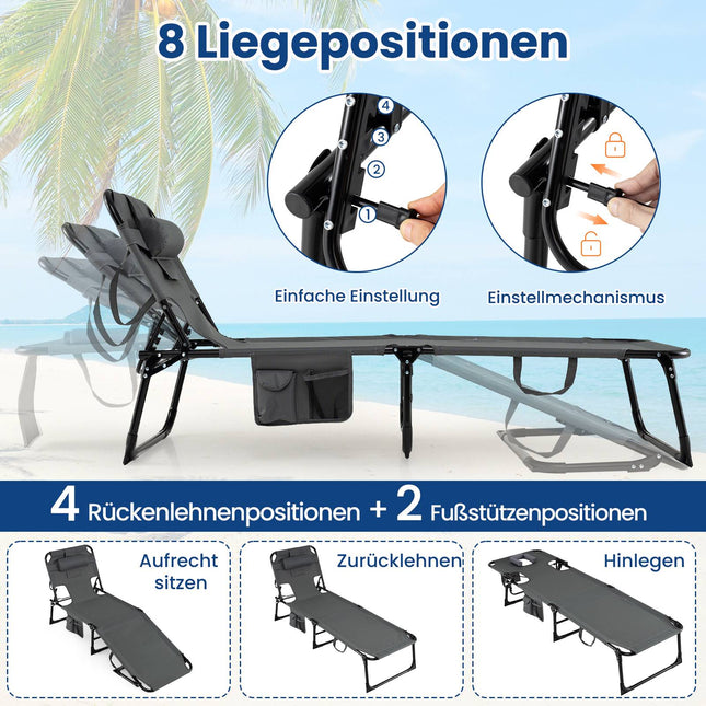 Foldable Sun Lounger with Head & Arm Holes, Adjustable Backrest, Grey