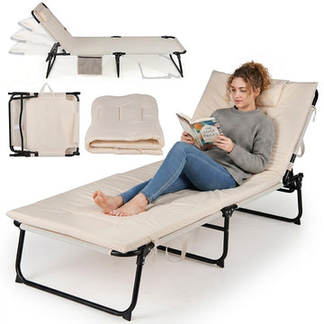 Foldable Sun Lounger with Removable Mattress, 4-Position Adjustable