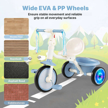 Foldable Toddler Tricycle with Light-Up Wheels for Ages 2-5, Blue, Rear Basket