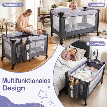Foldable Travel Baby Cot with Wheels & Changing Table, Grey