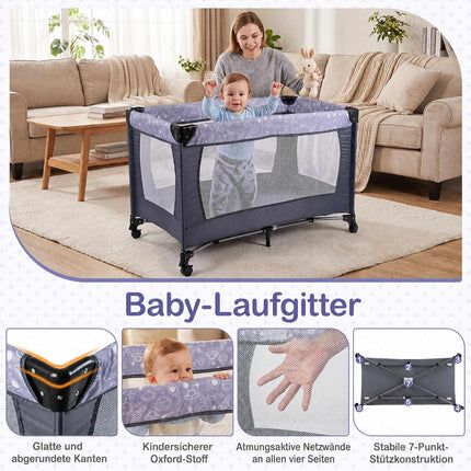 Foldable Travel Baby Cot with Wheels & Changing Table, Grey