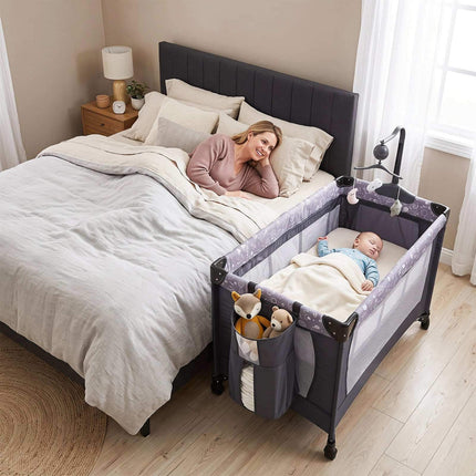 Foldable Travel Baby Cot with Wheels & Changing Table, Grey