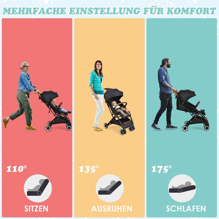 Foldable Travel Stroller with Adjustable Backrest & Canopy